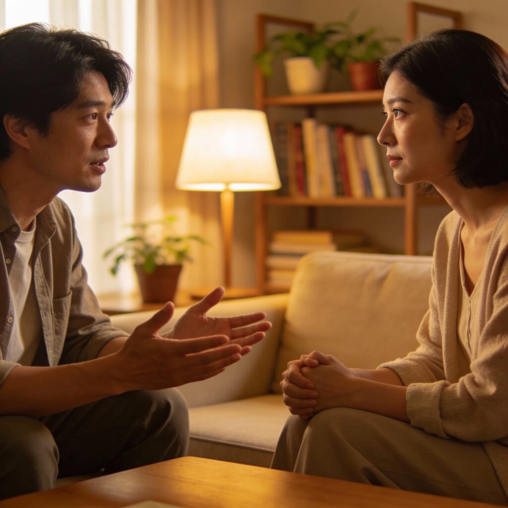 Dwie osoby prowadzące szczerą, empatyczną rozmowę o trudnych sprawach.
