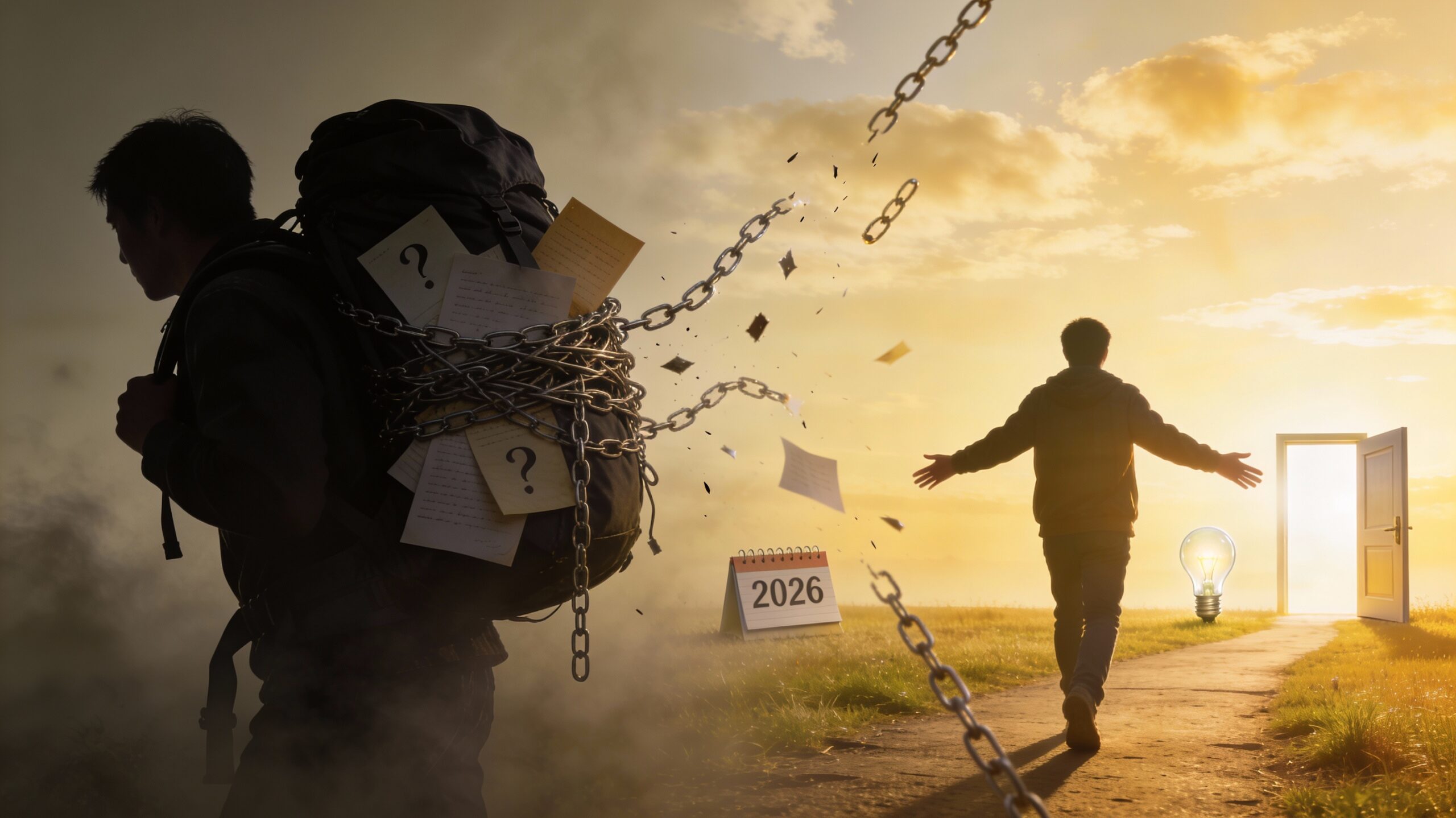 Wizualna reprezentacja przejścia od problemów przeszłości do nowych możliwości w 2026 roku dzięki wsparciu detektywa