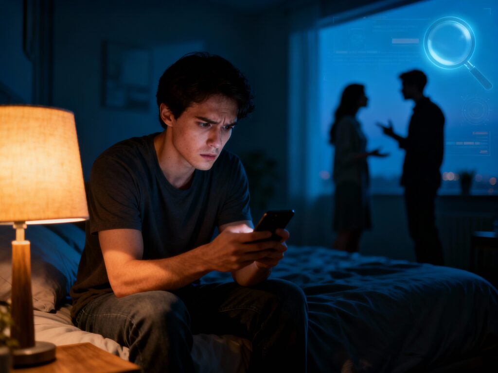 Zaniepokojony partner sprawdza wiadomości partnerki i martwi się jej możliwą zdradą.