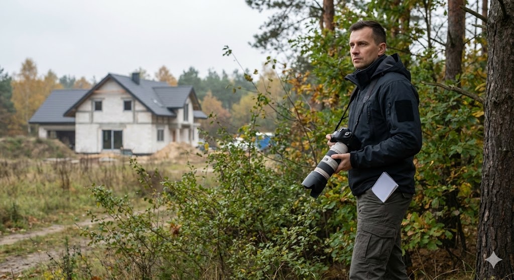 Detektyw na skraju lasu prowadzi obserwację osób w terenie mniej zurbanizowanym