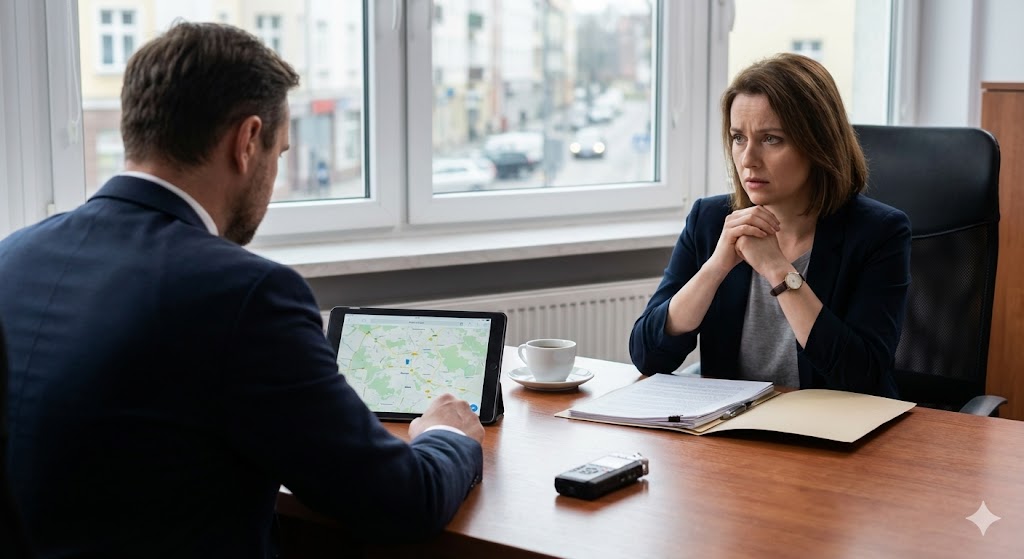 Zaniepokojona klientka podczas poufnej rozmowy z prywatnym detektywem w biurze. Na biurku widoczny tablet z mapą okolicy, dyktafon cyfrowy oraz teczka z dokumentami, co symbolizuje przygotowanie do obserwacji terenowej.