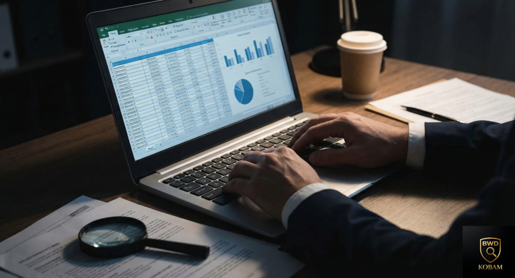 Detektyw analizuje dane na laptopie, pisze raport analizując problemy pracownicze na biurku dokumenty i lupa.