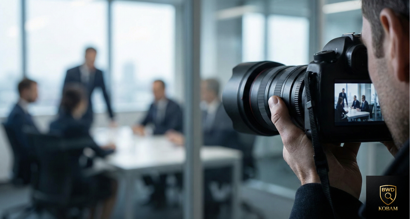 Detektyw z aparatem fotograficznym obserwujący spotkanie w biurze przez szybę.