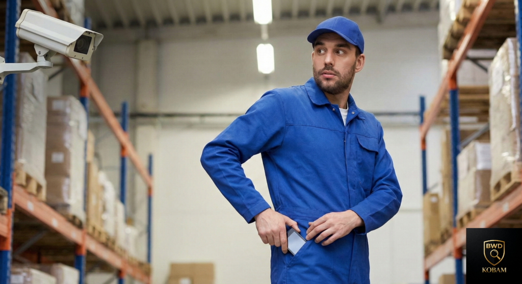 Pracownik magazynu chowa przedmiot do kieszeni, w tle kamera przemysłowa. Typowy przykład w kategorii problemy pracownicze
